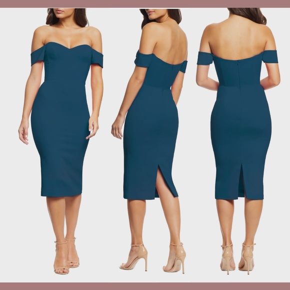 NWT $178 Dress the Population‎ [ Medium ] Bailey Off Shoulder Bodycon Dress Blue - Picture 1 of 12